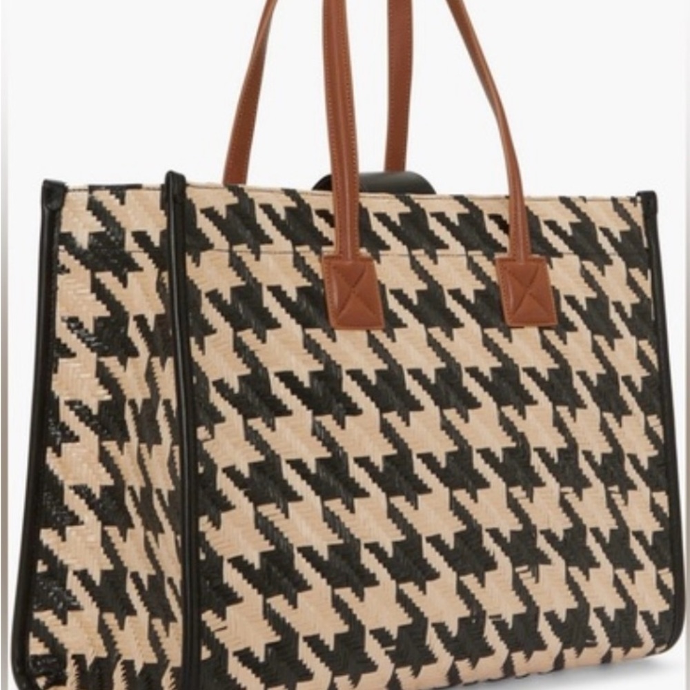 Vince Camuto Saly Black and Tan woven Houndstooth Tote Bag-NWOT sold out online - Picture 2 of 8